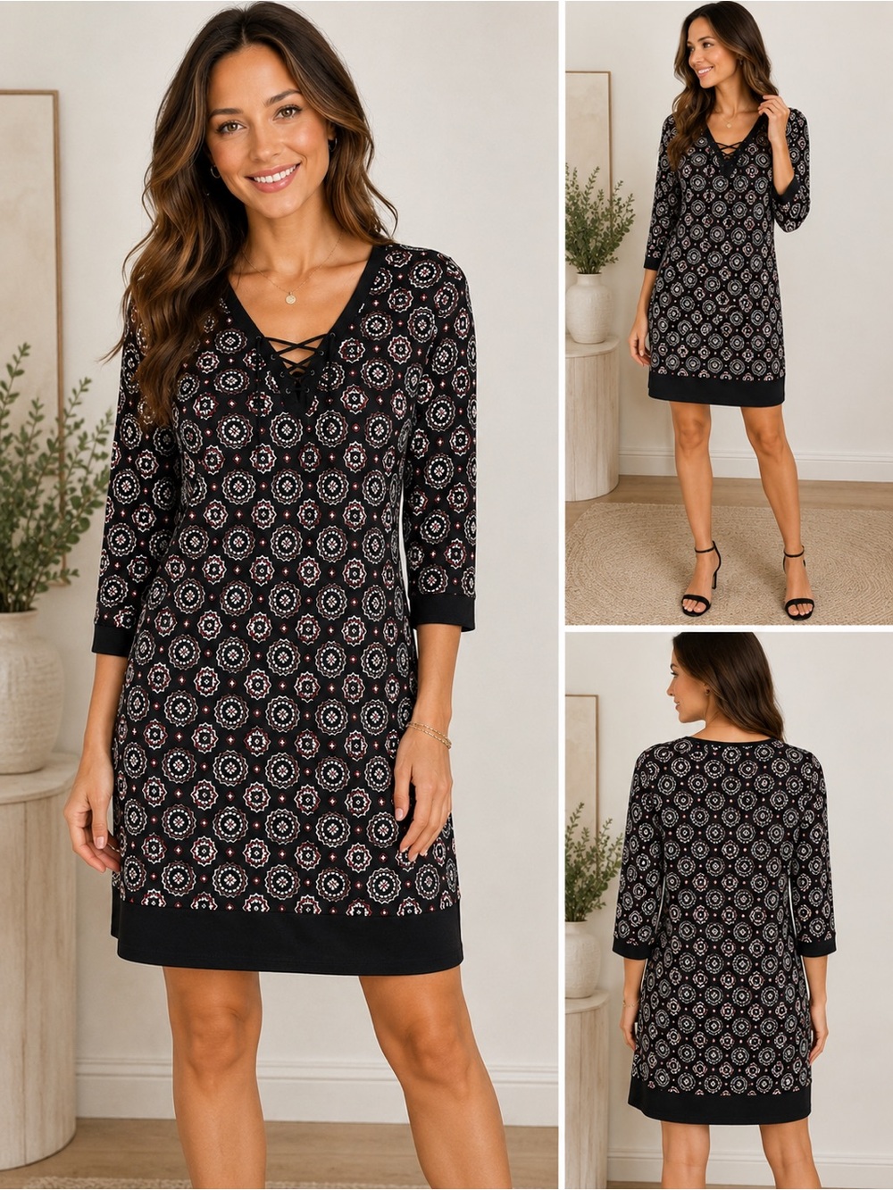 White House Black Market Black Geometric Print Lace Up Dress Size S